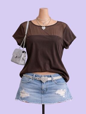 Vintage Y2K Susan Lawrence Brown Mesh Panel Short Sleeve Top XL Minimalist Basic